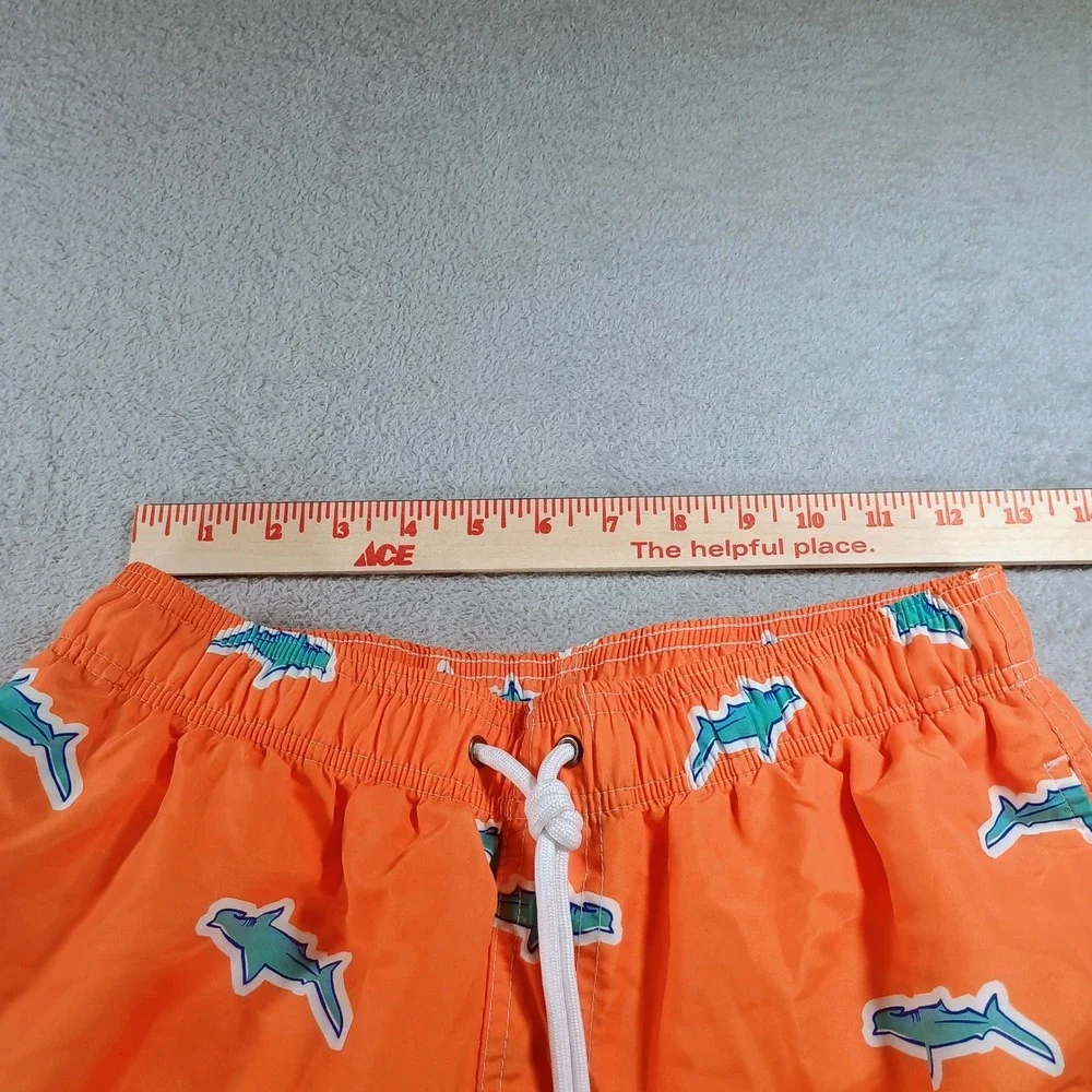 Unbranded Mens Swim Trunks Orange Shark‎ Print S Elastic Waist Drawstring